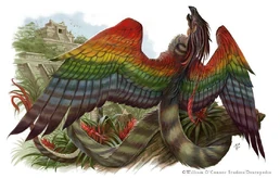 A serpent with multicoloured feathered wings