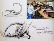 Left: Sketches by Wayne Barlowe, to show the scorpion-like movement of the tail Right: Sculptor Kate Hill working on the dragon at the Creature Shop