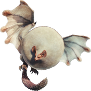 A round batlike creature, white and fluffy, with a large round inflated neck display like a white balloon. A thick curled pink tail.