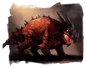 A stocky red dragon, wingless and horned.