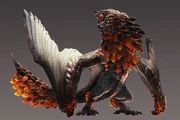 A bipedal wyvern with a thick mane of bulbous fire coloured scales down it's neck and chest