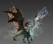 A dragon on a grey background surrounded by a pale miasma. The dragon's wings are torn, and it's jaw is open at an unnatural angle. The feet are adorned with long hooklike claws, and the dragon is covered in torn flesh.
