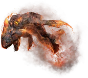 A fishlike animal leaping, trailing smoke. The animal has lines of larva or magma leaking from it with an orange glow.