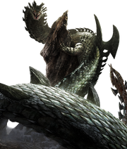 A serpentine dragon curled around a mountain, gripping the rock with two short forelimbs. It has stubby, blade like wings on the shoulders, and a wide neck like a cobra's hood.