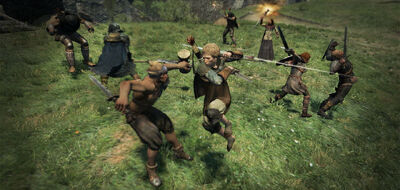 Arisen and Pawns fighting a band of bandits.