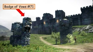 Fig. 1: Badge of Vows #71 on top of pillar near northwest entrance to Gran Soren. The camera angle looks towards the Gran Soren northwest entrance.