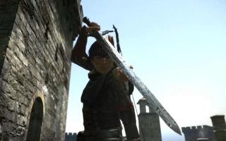 Detail of the bastard sword; notice the flaming pattern along the blade