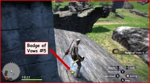 The badge is near the chimney on the roof next to the badge. Note that the active quest is From a Different Sky 6 - the Magick Archer is looking southwest towards the broken wall where Badge #6 is.