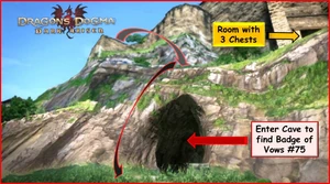 BoV 04 3ChestsFinal.jpg (1.26 MB) Fig. 2: Enter the cave to find Badge of Vows #4. Note the entrance to the room with the three chests off a higher ledge in the upper right corner of the photo.