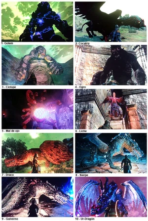 Diez diferentes monstruos de Dragon's Dogma.