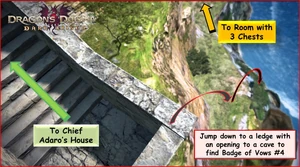BoV 04 ApproachF.jpg (1.33 MB) Fig. 1: Leave the paved path and jump down to a ledge with an opening to a cave to find Badge of Vows #4.