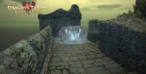 Frigor block on the main walkway. (Note - the broken wall on the near right offers an alternative long leviate jump to the tower)