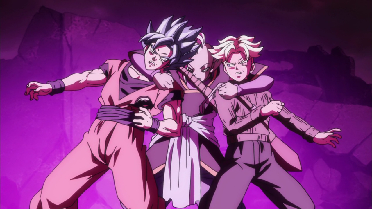 How did SS2 Trunks survive against Rose Goku Black? In the anime, after  Trunks realizes Future Zamasu is immortal. SSB Goku and SS2 Trunks get  pinned by Future Zamasu, while Rose Goku