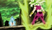 The two transformed Saiyans stand off.