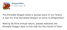 Emerald Dragon Facebook Message 2014