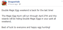 Second Double Magic Egg Weekend Facebook Message