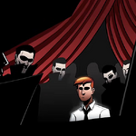 Crop of the drawing Room Full of Vampires by Julia. With four vampires standing around some guy.