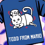 A blue shirt from Jackbox's TKO game with a shaky Todd (from Mario).