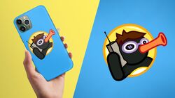 Promotion for the phone case, featuring the blue phone case to the left and the logo to the right.
