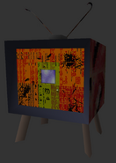 Closeup of the TV model in Sexual Textures.