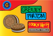 Greeny Phatom "Cookiewich" sandwich cookies (Chocolate-Vanilla) package. These cookies were introduced in 1998.