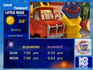 A picture of an in-program L-bar corner weather/sports/traffic/time/station ident that aired on KWSB during The Fox Clubhouse's broadcast of Johnson & Friends in December 19, 1995.