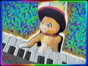 A plush on Puss in Boots playing piano. (Ruby Gillman, Teenage Kraken)