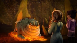 Magma Breather spewing lava in front of Alex & Jun