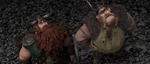 Gobber and Stoick surprised to see Hiccup and his classmates riding on dragons, realizing Hiccup was telling the truth.