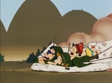 Taro, Peasuke, and Akane being dragged on their broken kite.