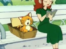 Aoi sitting next to her cat in a picnic basket.