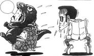 Pagos and Gala disguised as the kaiju Godzilla and Pigmon, with Harry watching