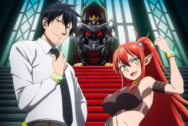Promo art for the anime Headhunted to Another World: From Salaryman to Big Four! In the image are the main character Dennosuke Uchimura, Ulmandra (a redheaded demon with green eyes), and the Demon Lord on his throne.