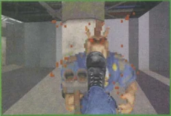 95-20EarlyNov-44.jpg (137 KB) Death Row. This is the first turn of the hallway, such that the prison cell is on the left and the chapel is further behind on the left. A scrapped column can be seen behind the Pig Cop.