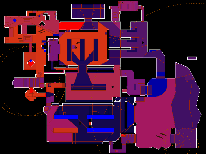  in . Bright blue=oldest; bright red=newest. Oldest sectors in ascending order include: left-hand shelf inside beginning of grocery store labeled aisle 1 (sector 0), cash registers, two random boxes in the warehouse.