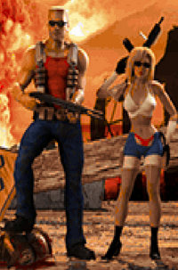 Bombshell on the level-end screen in Duke Nukem: Alien Armageddon