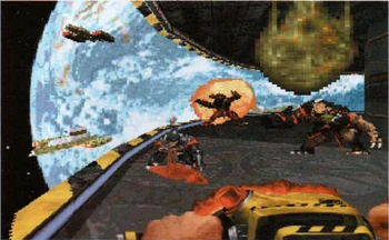 95-12MayJul-02.jpg (183 KB) Warp Factor, showing the first instance of the Enforcer's slime attack. The floor textures match a later iteration, post-dating the May 9 demo reel.