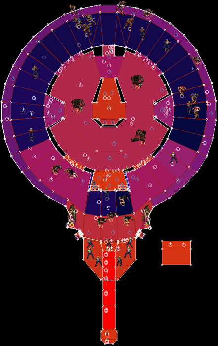  in . Bright blue=oldest; bright red=newest. Oldest sectors in ascending order include: lower walkway across from the map of North America (sector 0), steps of the lower walkway extending to the right but abruptly stopping three-quarters of the way, lower walkway across from the map of planets.