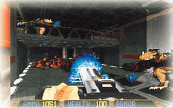 95-06FebApr-01.jpg (511 KB) AHB-Space. This is the only screenshot of the blue HUD. The Enforcers fire blue projectiles. Details in the background are less developed than in later footage, where the Enforcers have been replaced with Troopers.