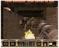 95-20EarlyNov-07.png (362 KB) Early version of Critical Mass. The final version of Critical Mass is the only map in the game to have all these textures in the same room, which can be found in the box-filled room at the top of the elevator. In beta map schematics (seen here), a later iteration of this room can be seen in the top-center of the map. The orange shape in the top-left corner of this screenshot is a window onto the beach from the beginning of the level. There are lights around the edges of the window, just like windows in the final version. Although the map schematics show a small hallway on the left before reaching the beach, Critical Mass is known to have evolved from M5, which has an even earlier iteration of this room with a window that opens directly to the outside. Therefore, this screenshot probably pre-dates the schematics and might even pre-date the map's reassignment to Richard "Levelord" Gray. The map originally flowed in the opposite direction, so this area would have been replaced by the office found at the end of the level in the final version. The top of the screenshot reads: "Your Burning! Find Water Or Die" (sic).