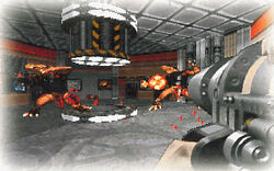 95-06FebApr-09.jpg (508 KB) AHB-Space, in the room that would be forked to create the scrapped middle floor of Spaceport and the ending room of Fusion Station. The RPG sprite has been updated since LameDuke. Details in the background are less developed than in later footage, where the Enforcers have been replaced with Troopers. Because this comes from the same source as the first screenshot, it is presumed to date to the same period of development.