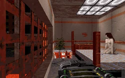 95-10Jun04.19.18.40-01.jpg (98 KB) Score, June 4, 1995 @ 19:18:40.* L6 in a room that likely became the Blue Access Card room on Red Light District. Outside the window, a street with yellow dashed lines down the middle and a streetlight can be seen past the edge of a building corner, indicating the room is probably not in the same location as the final version. There is also something resembling a lavafall outside the window. Despite similarities with the previous screenshot, this is a completely different room—note the solid wall beside the bed—that may have been forked from the room in the other screenshot and placed in a different location.