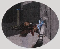 Duke Nukem II checkpoint on Dark Side. The white horizontal line is actually a ledge in the distance. [Compare]*