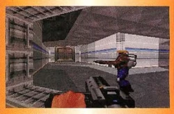 95-09FebJun-01.jpg (21 KB) First hall on Tiberius Station, facing a mirror onto the door to the beginning of the level. The Plasma Cannon has a blue light, which dates this image to sometime after May 18.