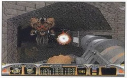 Sweeney, facing away from the prison-like door on the middle floor