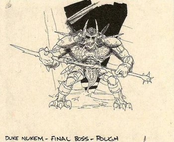 PC Gamer, Issue 25.[59] Concept art by Chuck Jones of a Battlelord without a gun, standing in front of a massive drill. Beta storylines for the game consistently mention that the aliens came to Earth to harvest energy and cause environmental catastrophe.