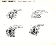 Art for different Trooper heads. The shape of the head is the same as the Trooper's head seen in the previous image. The lower ones match the front of the Lameduke/pre-release Trooper's face, while the upper right one looks close to the final's Assault trooper.