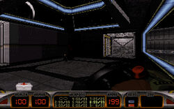 Warp Factor; this is a completely different room than the one at the beginning of the level, since that room existed in map blueprints from earlier builds and never had structures outside the right-hand window; the textures outside the window are also seen in this screenshot