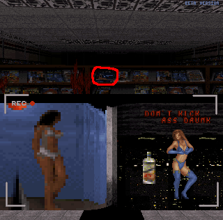 "In the v0.99 beta there is an easter egg in the erotica magazine store in the book shelf the player faces upon entering this building. It is found of the center top shelf. Click "use" to activate a viewscreen to see the magazine which shows some ladies and the words "Don't kick ass drunk"