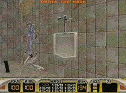 95-20EarlyNov-29.jpg (159 KB) Scrapped men's bathroom on Hollywood Holocaust. The men's bathroom was dark and dingy, in contrast with the women's bathroom that had a red carpet and sofa.